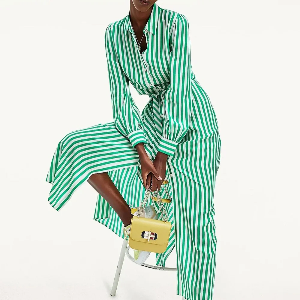 TOMMY HILFIGER STRIPE MAXI SHIRTDRESS IN GREEN EUR 38/ US6 NWT $210 - Picture 5 of 5